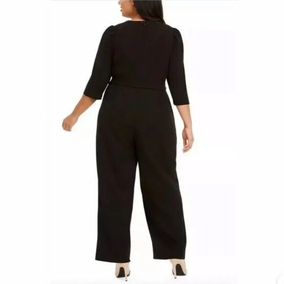 Calvin Klein Women's Black Surplice V Neck Rhinestone Jumpsuit Plus Sleeves 14W - Picture 3 of 16